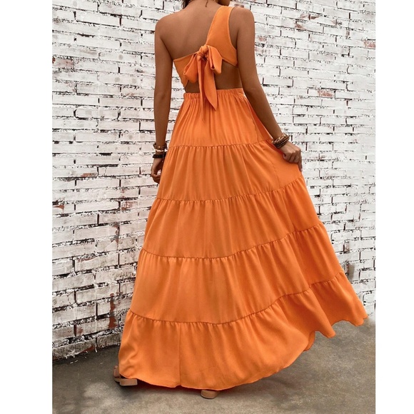 Vibrant One Shoulder Tie Back Stretchy Waist Maxi Dress - Picture 10 of 11